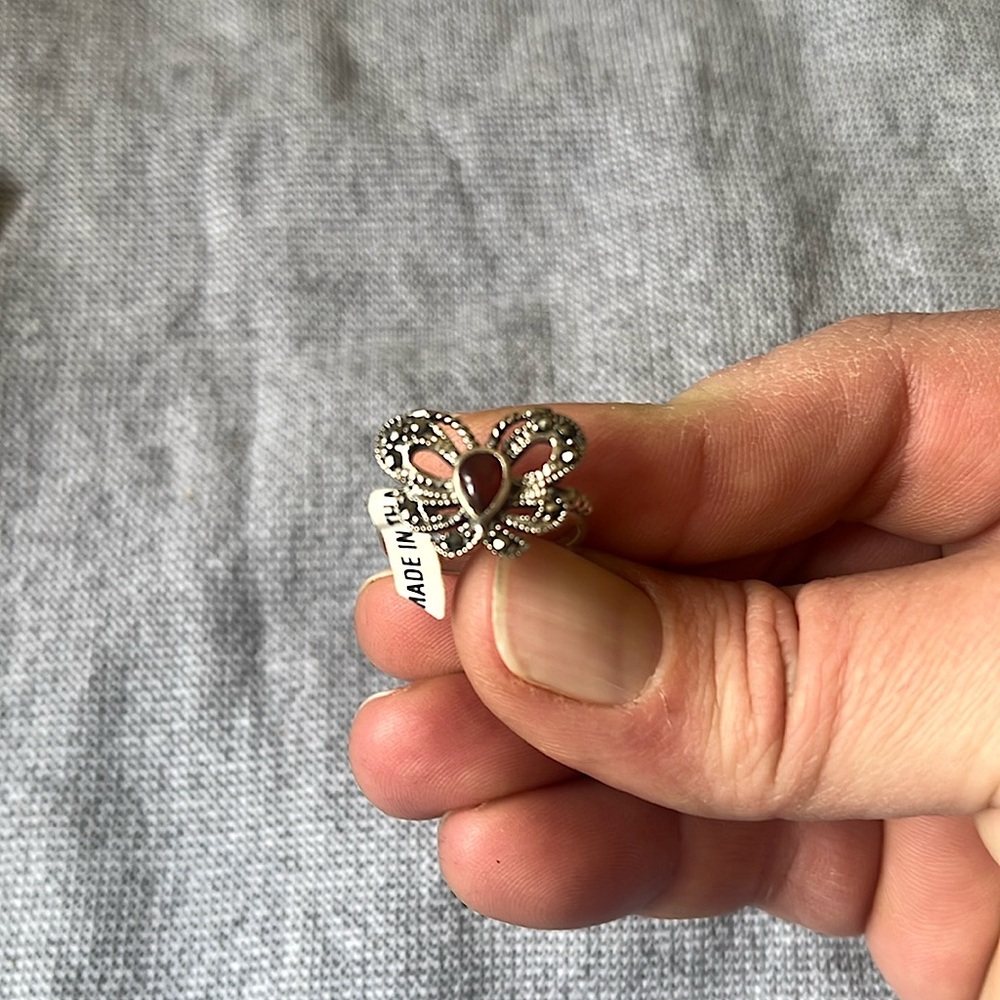Silver butterfly‎ ring red teardrop stone​
